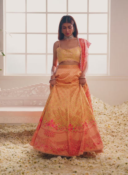 Yellow Multicolor Floral Printed Lehenga