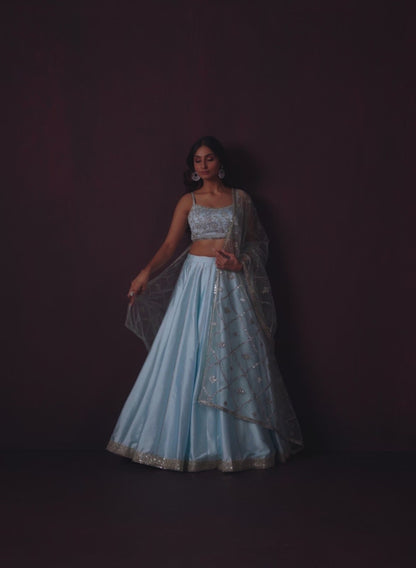 Sky Blue Embroidered Silk Lehenga