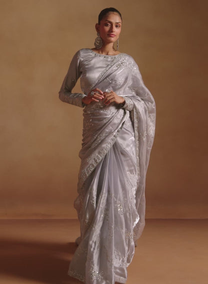 Grey Embroidered Tissue Saree