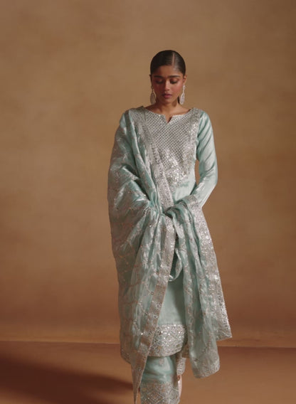 Blue Embroidered Tissue Palazzo Suit