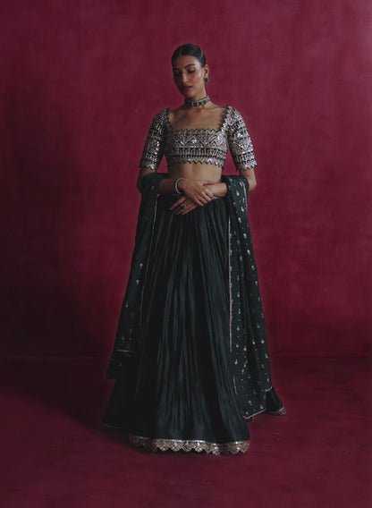 Dark Green Embroidered Satin Lehenga