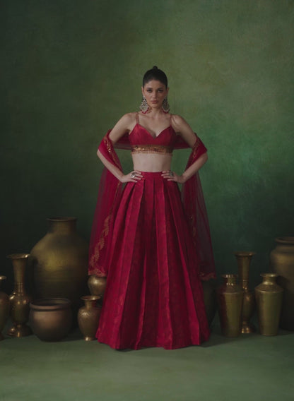 Hot Pink Embroidered Brocade Lehenga