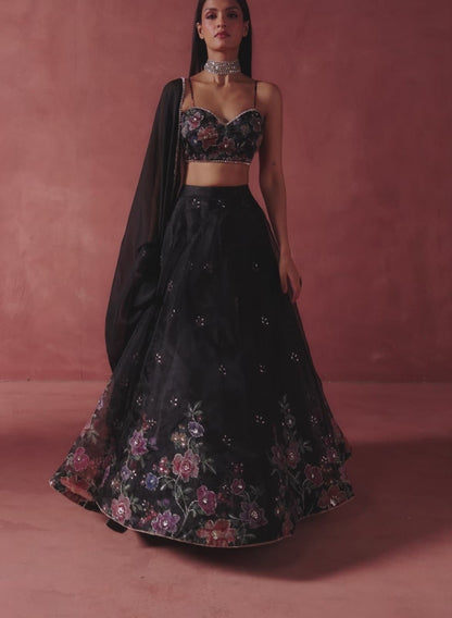 Black Floral Printed Organza Lehenga