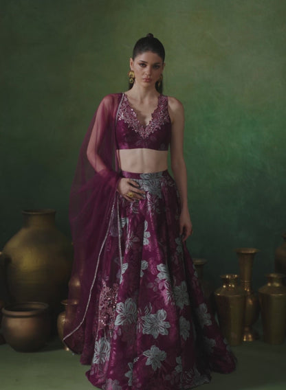 Wine Embroidered Brocade Lehenga