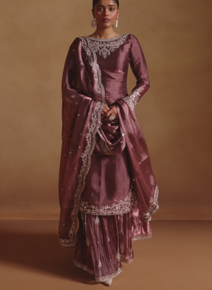 Deep Garnet Embroidered Tissue Sharara Suit