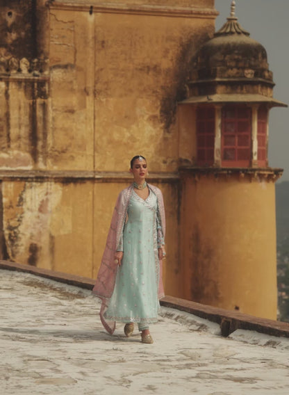 Sky Blue and Pink Embroidered Anarkali