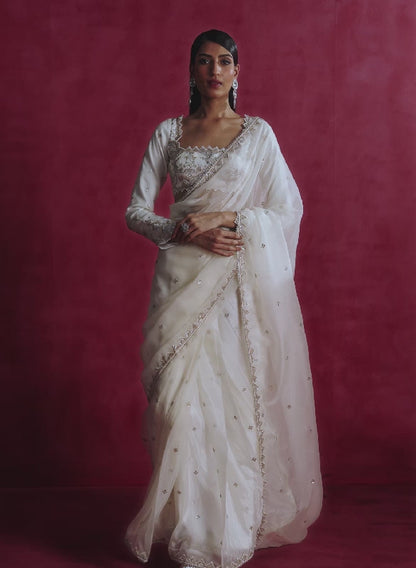 Off White Embroidered Organza Saree