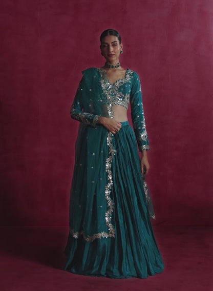 Teal Green Embroidered Crepe Silk Lehenga