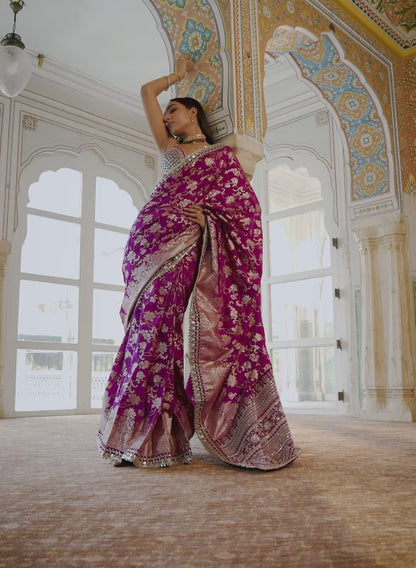 Purple Embroidered Brocade Saree