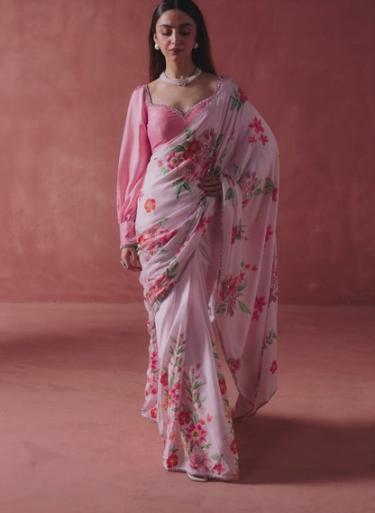 Light Pink Floral Printed Saree