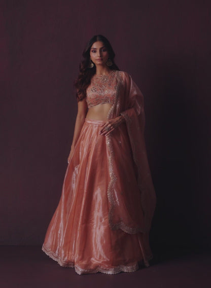 Coral Embroidered Crepe Lehenga