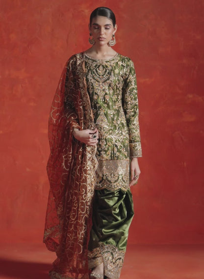 Green and Rust Embroidered Punjabi Suit