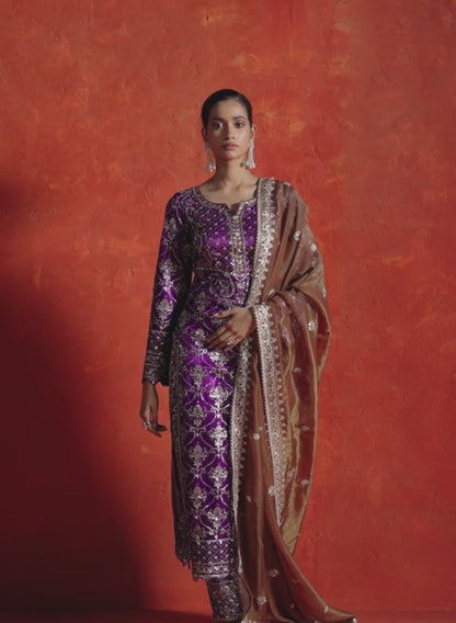 Purple and Brown Embroidered Straight Suit