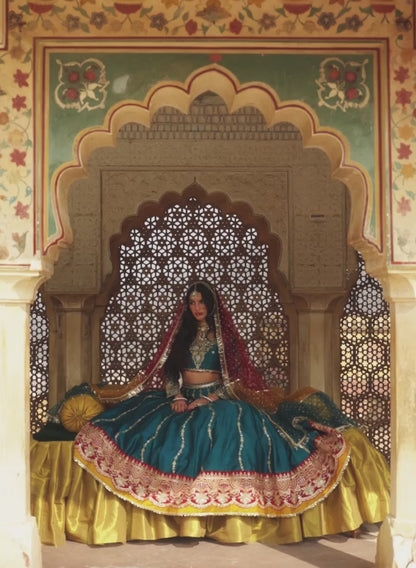 Teal Multicolor Embroidered Silk Lehenga