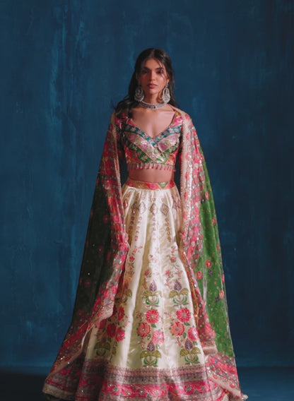 Yellow and Green Multicolor Embroidered Lehenga