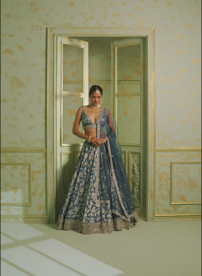 Blue Embroidered Brocade Lehenga