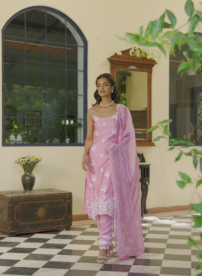 Pink Embroidered Cotton Straight Suit