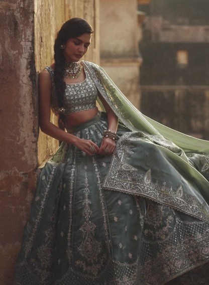 Dusty Teal Embroidered Organza Lehenga