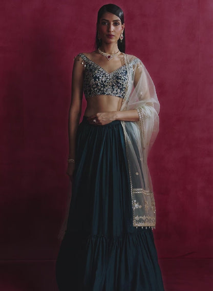 Teal Blue Embroidered Crepe Silk Lehenga