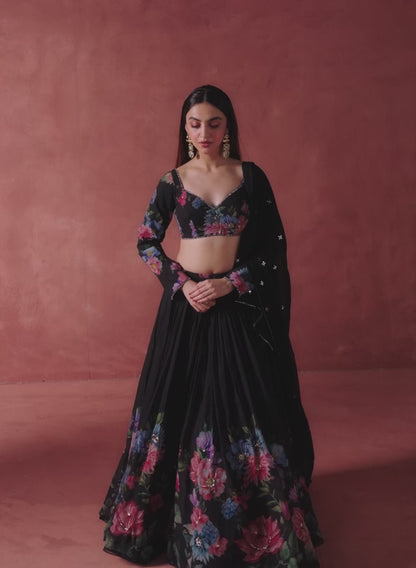 Black Floral Printed Georgette Lehenga