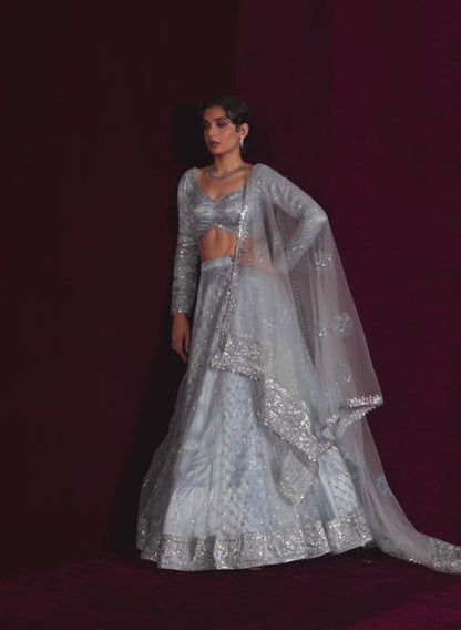 Light Blue Embroidered Net Lehenga