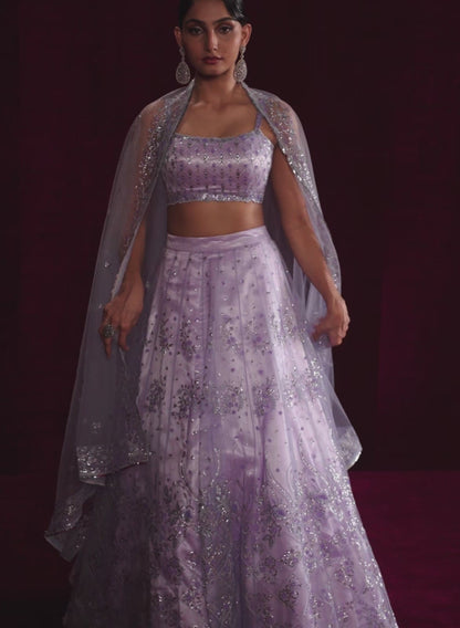 Lavender Embroidered Net Lehenga