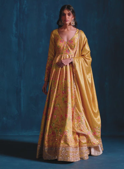 Yellow Embroidered Crepe Silk Anarkali