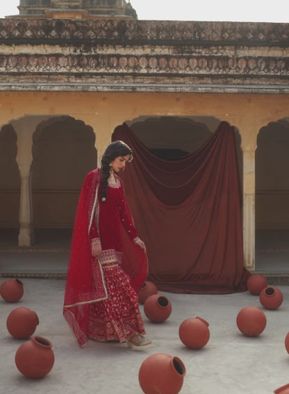 Red Embroidered Velvet Gharara Suit