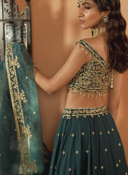 Teal Green Embroidered Lehenga