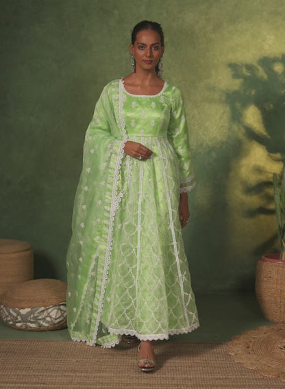 Green Embroidered Organza Anarkali