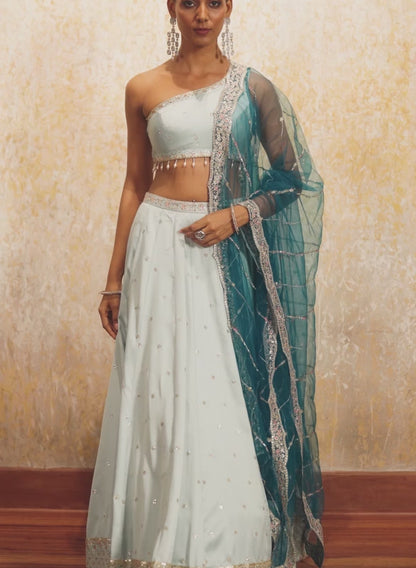 Light Turquoise One Shoulder Style Lehenga