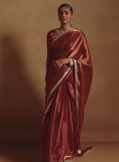 Rust Embroidered Tissue Saree