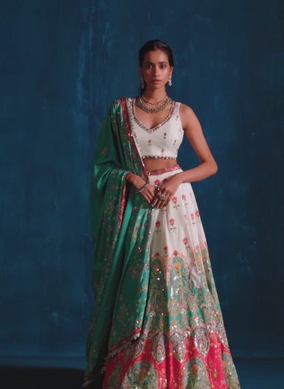 White and Teal Multicolor Embroidered Lehenga