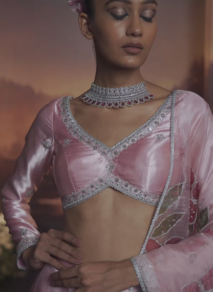 Light Pink Embroidered Satin Lehenga