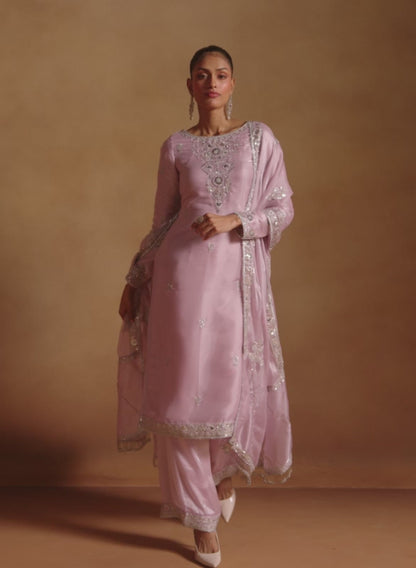 Lilac Embroidered Tissue Palazzo Suit