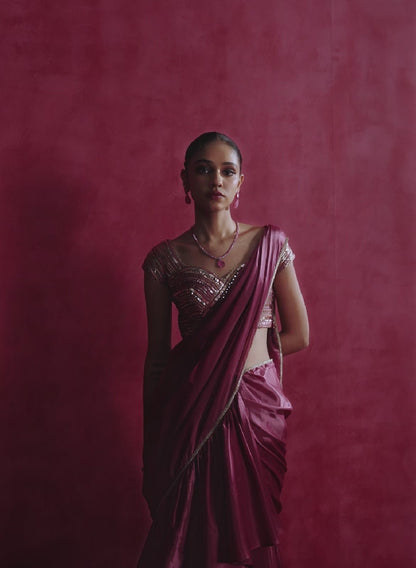 Mauve Embroidered Ruffled Silk Saree