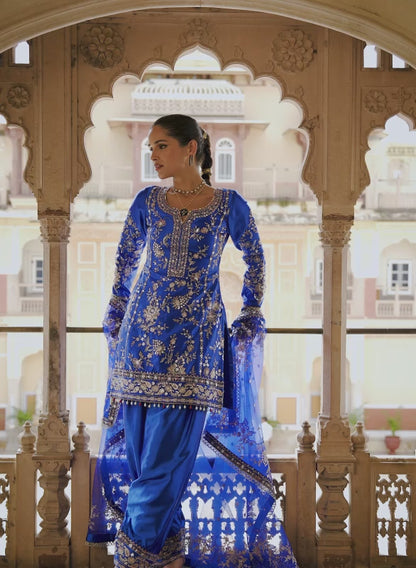 Royal Blue Embroidered Satin Punjabi Suit