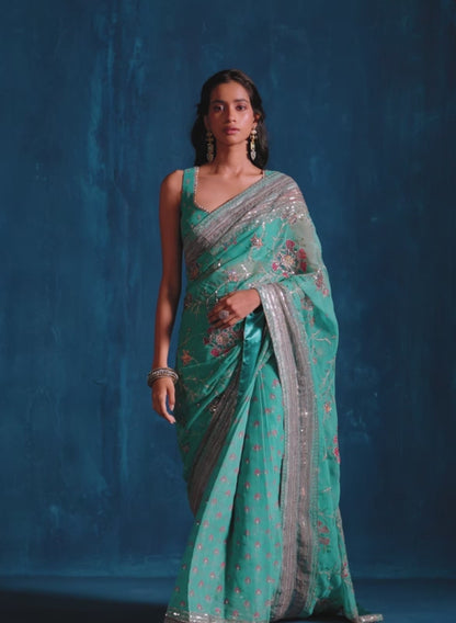 Sea Green Multicolor Embroidered Chiffon Saree