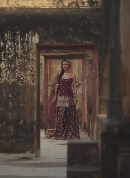 Wine Embroidered Brocade Sharara Suit