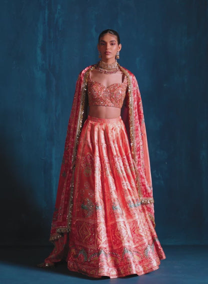 Orange Multicolor Embroidered Lehenga