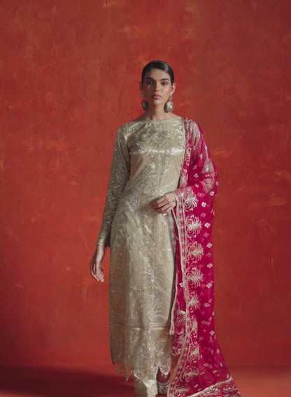 Light Green and Pink Embroidered Straight Suit