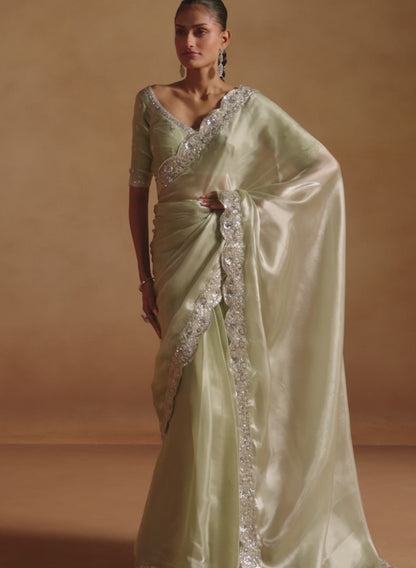 Light Olive Embroidered Tissue Saree