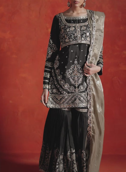 Black and Light Green Embroidered Gharara Suit