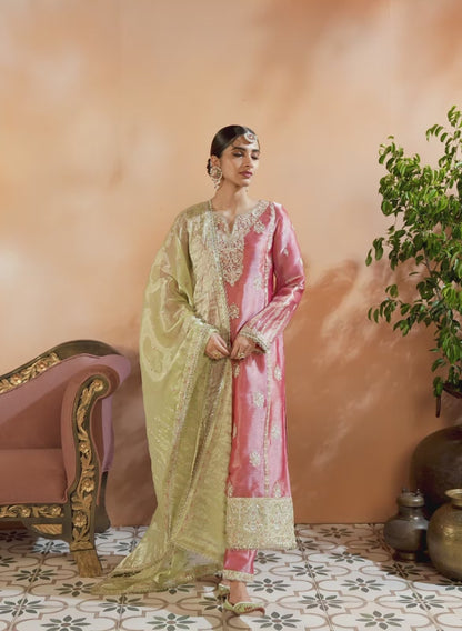 Pink and Light Green Embroidered Straight Suit