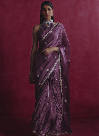 Dusty Purple Embroidered Silk Saree