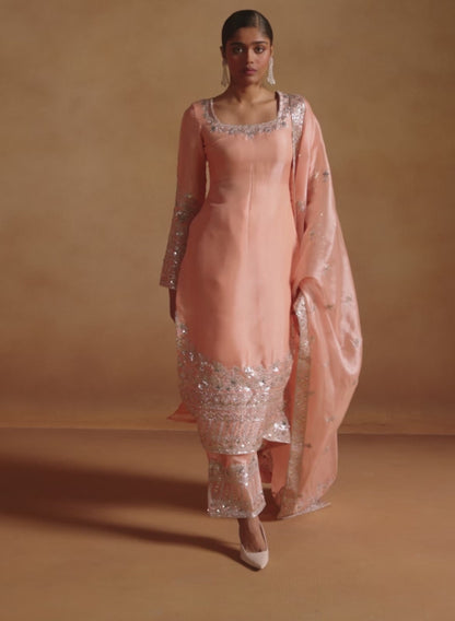 Peach Embroidered Tissue Palazzo Suit