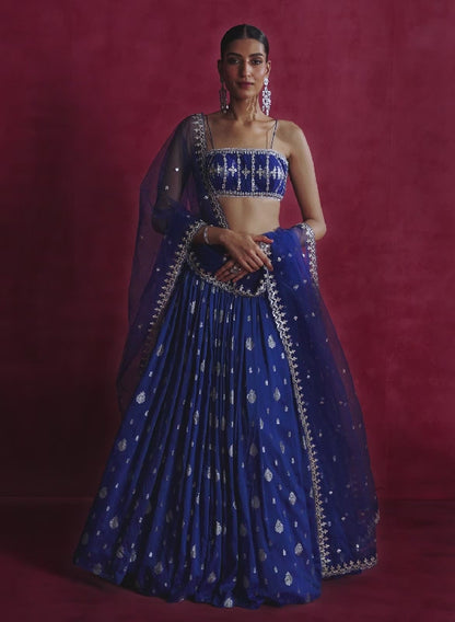 Royal Blue Embroidered Brocade Lehenga