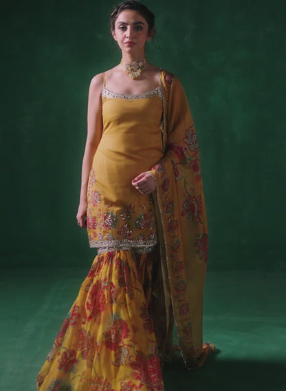 Yellow Multicolor Floral Printed Gharara Suit