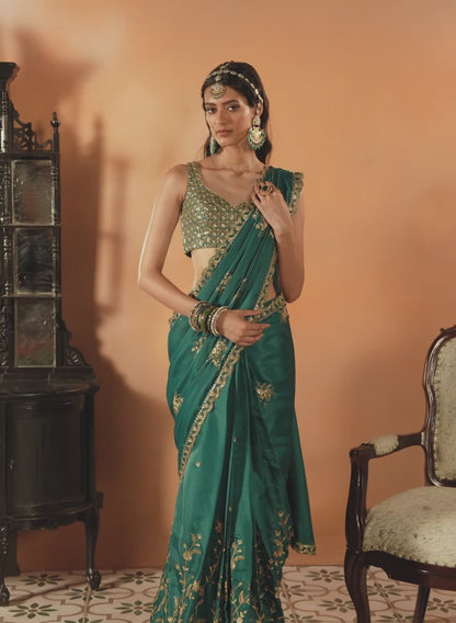 Teal Green Embroidered Silk Saree