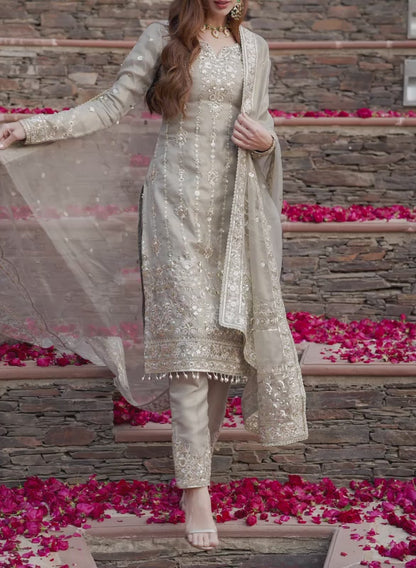 Dusty Grey Embroidered Straight Suit